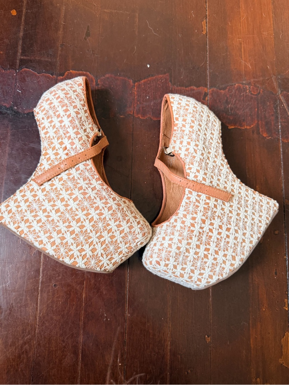 Jeffrey Campbell Girls' Woven Mary Jane Wedge Shoes in Cream and Tan